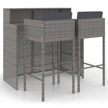 Set mobilier bar de grădină, cu perne, 3 piese, gri, poliratan - Img 2