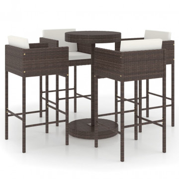 Set mobilier bar de grădină cu perne, 5 piese, maro, poliratan - Img 2