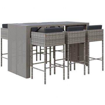 Set mobilier bar de grădină cu perne, 7 piese, gri, poliratan - Img 2