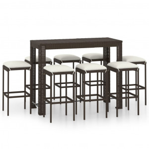 Set mobilier bar de grădină cu perne, 9 piese, maro, poliratan - Img 1