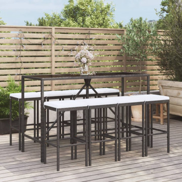 Set mobilier bar de grădină cu perne, 9 piese, negru, poliratan - Img 1