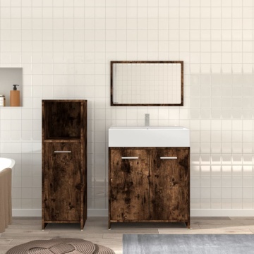Set mobilier de baie, 3 piese, stejar fumuriu, lemn prelucrat - Img 1