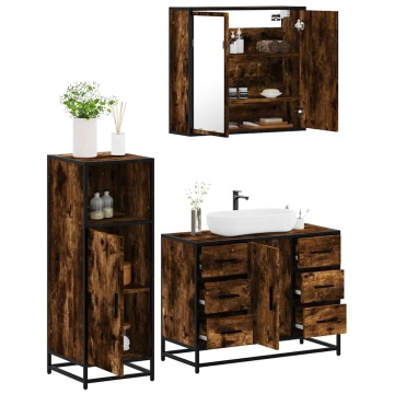 Set mobilier de baie, 3 piese, stejar fumuriu, lemn prelucrat - Img 1