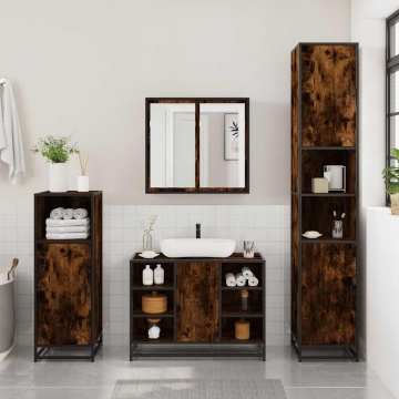 Set mobilier de baie, 3 piese, stejar fumuriu, lemn prelucrat - Img 3
