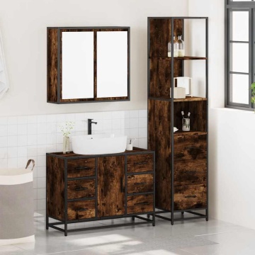 Set mobilier de baie, 3 piese, stejar fumuriu, lemn prelucrat - Img 3