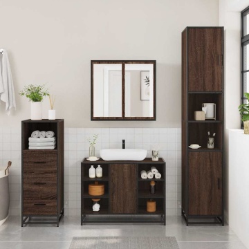 Set mobilier de baie, 3 piese, stejar maro, lemn prelucrat - Img 3