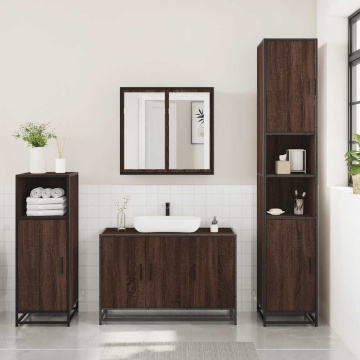 Set mobilier de baie, 3 piese, stejar maro, lemn prelucrat - Img 3
