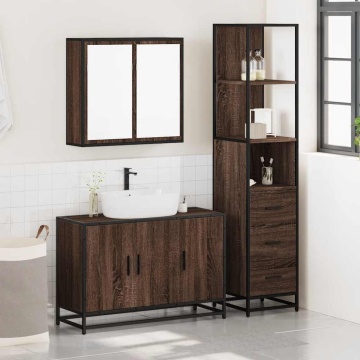 Set mobilier de baie, 3 piese, stejar maro, lemn prelucrat - Img 3