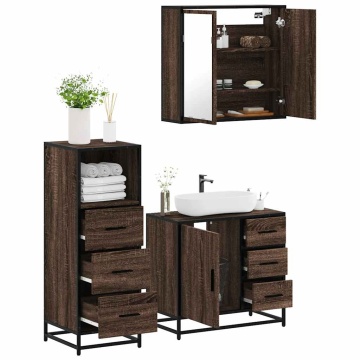 Set mobilier de baie, 3 piese, stejar maro, lemn prelucrat - Img 1