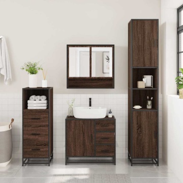 Set mobilier de baie, 3 piese, stejar maro, lemn prelucrat - Img 3
