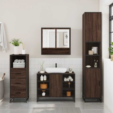 Set mobilier de baie, 3 piese, stejar maro, lemn prelucrat - Img 3