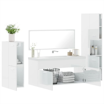 Set mobilier de baie, 4 piese, alb extralucios, lemn prelucrat - Img 4