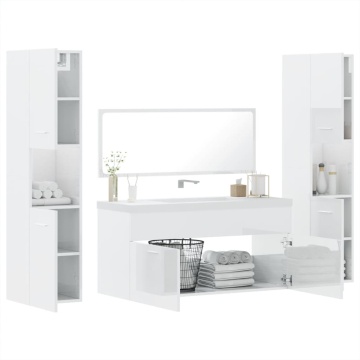 Set mobilier de baie, 4 piese, alb extralucios, lemn prelucrat - Img 4