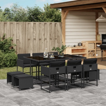 Set mobilier de exterior cu perne, 11 piese, negru, poliratan - Img 1