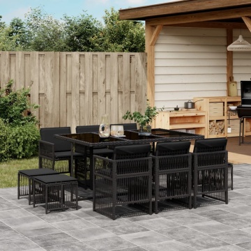 Set mobilier de exterior cu perne, 11 piese, negru, poliratan - Img 1
