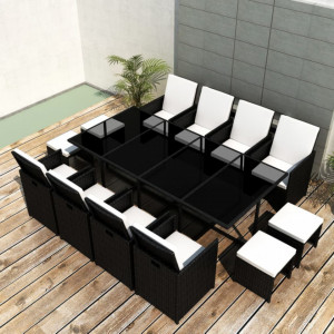 Set mobilier de exterior cu perne, 13 piese, negru, poliratan - Img 1