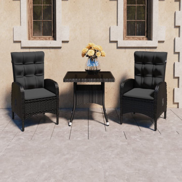 Set mobilier de grădină, 3 piese, negru, poliratan și sticlă - Img 1
