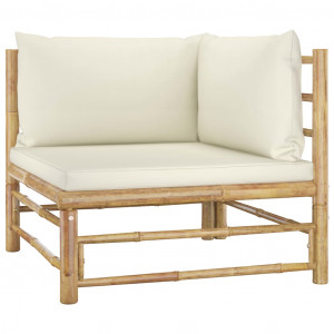 Set mobilier de grădină, 6 piese, perne alb crem, bambus - Img 3
