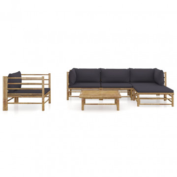 Set mobilier de grădină, 6 piese, perne gri închis, bambus - Img 2