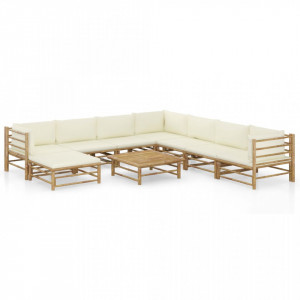 Set mobilier de grădină, 9 piese, perne alb crem, bambus - Img 1