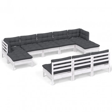Set mobilier de grădină cu perne, 10 piese, alb, lemn de pin - Img 2