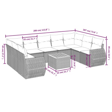 Set mobilier de grădină cu perne, 10 piese, gri, poliratan - Img 7