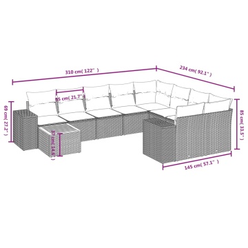 Set mobilier de grădină cu perne, 10 piese, gri, poliratan - Img 3