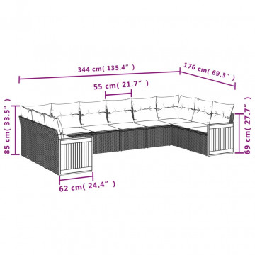 Set mobilier de grădină cu perne, 10 piese, gri, poliratan - Img 6