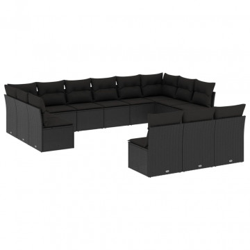 Set mobilier de grădină cu perne, 13 piese, negru, poliratan - Img 2
