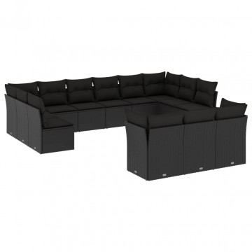 Set mobilier de grădină cu perne, 13 piese, negru, poliratan - Img 2