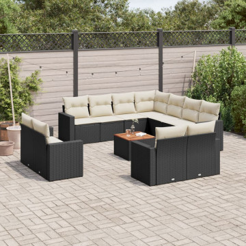 Set mobilier de grădină cu perne, 13 piese, negru, poliratan - Img 1