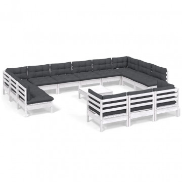 Set mobilier de grădină cu perne, 14 piese, alb, lemn masiv pin - Img 2