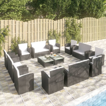 Set mobilier de grădină cu perne, 16 piese, negru, poliratan - Img 1