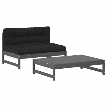 Set mobilier de grădină cu perne, 2 piese, gri, lemn masiv - Img 2