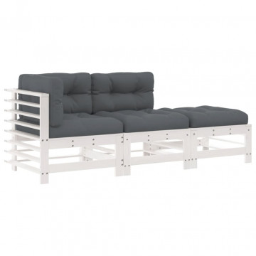 Set mobilier de grădină cu perne, 3 piese, alb, lemn masiv - Img 2