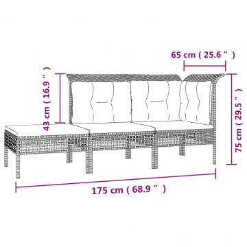 Set mobilier de grădină cu perne, 3 piese, gri, poliratan - Img 7