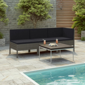 Set mobilier de grădină cu perne, 3 piese, gri, poliratan - Img 1