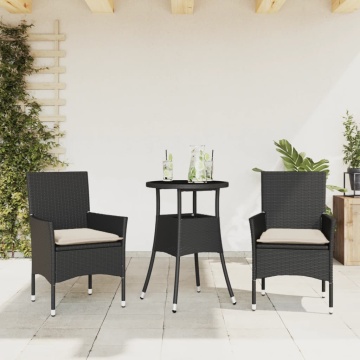 Set mobilier de grădină cu perne 3 piese negru poliratan&sticlă - Img 1