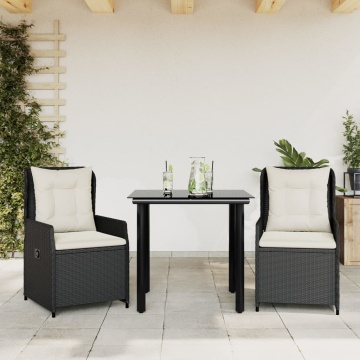 Set mobilier de grădină cu perne, 3 piese, negru, poliratan - Img 1