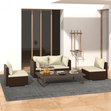 Set mobilier de grădină cu perne, 4 piese, maro, poliratan - Img 1