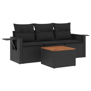 Set mobilier de grădină cu perne, 4 piese, negru, poliratan - Img 2