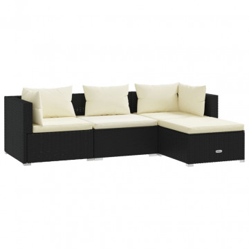 Set mobilier de grădină cu perne, 4 piese, negru, poliratan - Img 2