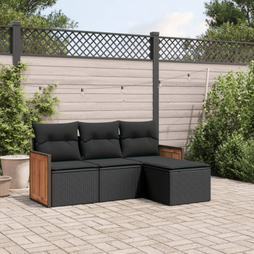 Set mobilier de grădină cu perne, 4 piese, negru, poliratan - Img 1