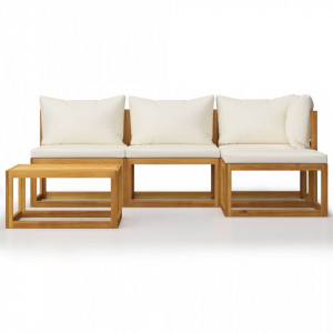 Set mobilier de grădină cu perne 5 piese crem lemn masiv acacia - Img 2
