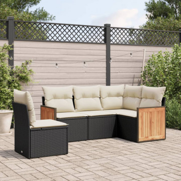 Set mobilier de grădină cu perne, 5 piese, negru, poliratan - Img 1