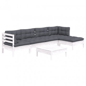 Set mobilier de grădină cu perne, 6 piese, alb, lemn de pin - Img 3