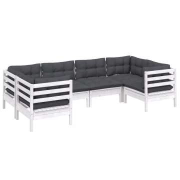 Set mobilier de grădină cu perne, 6 piese, alb, lemn de pin - Img 3