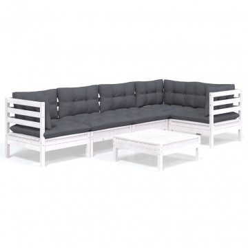 Set mobilier de grădină cu perne, 6 piese, alb, lemn de pin - Img 2