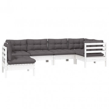 Set mobilier de grădină cu perne, 6 piese, alb, lemn de pin - Img 3