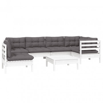 Set mobilier de grădină cu perne, 7 piese, alb, lemn de pin - Img 3